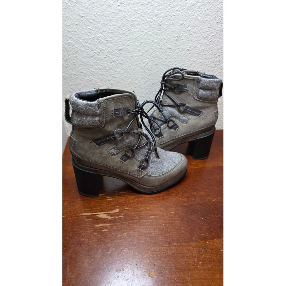 Sorel Lolla Tall II Boots Women 8 Grey Leather Felt Lace Up Ankle NL Block Heel‎